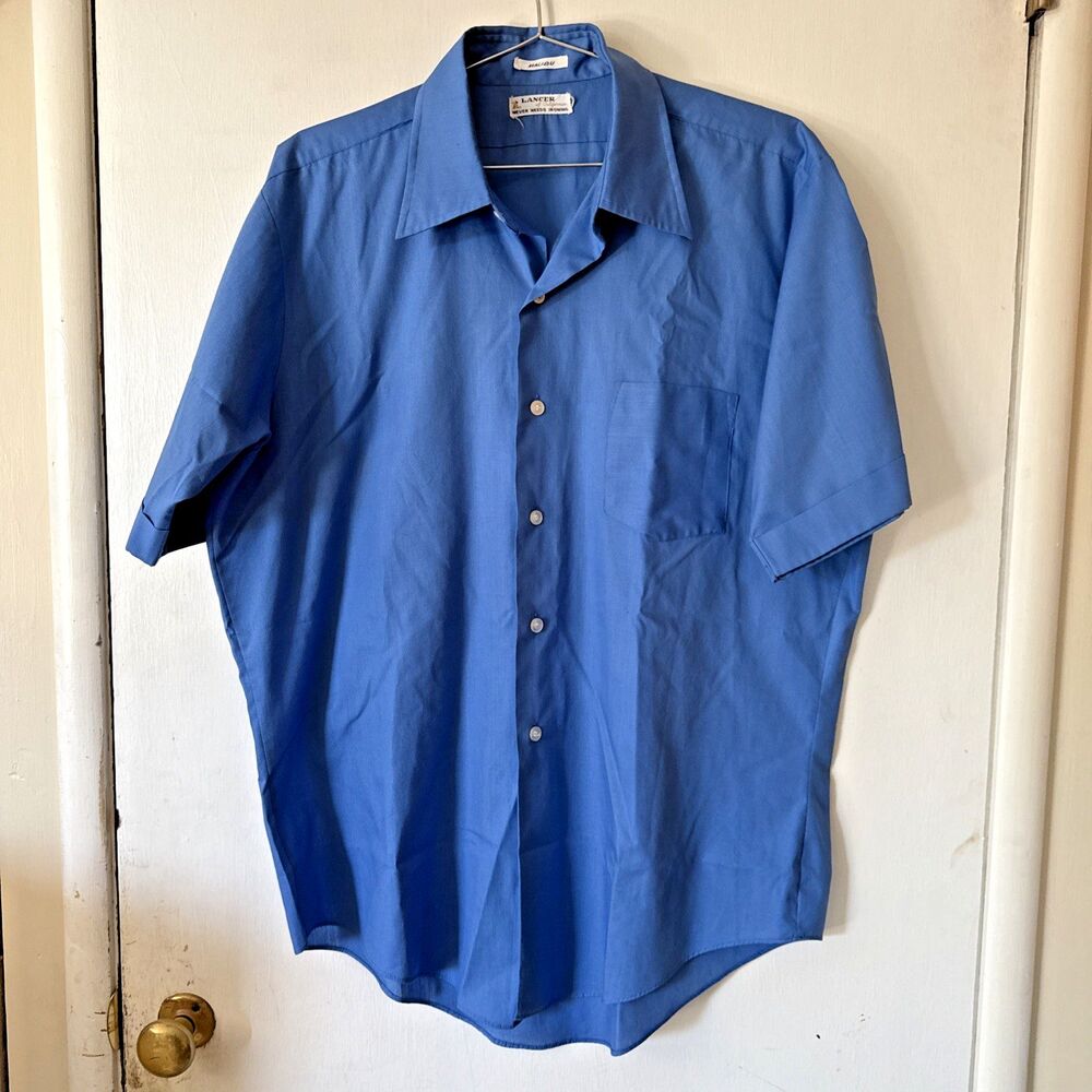 Lancer of California Malibu No Iron Short Sleeve Button Shirt Blue Vtg | Large